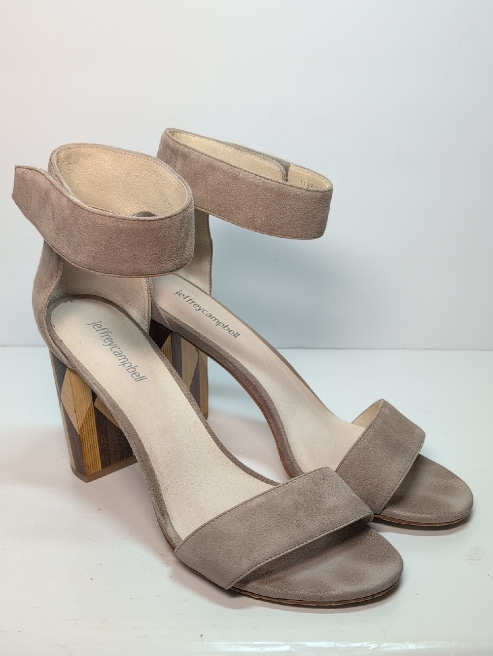 Jeffrey Campbell Suede Ankle-Strap Block Heels with Geometric Wood Heel size 10